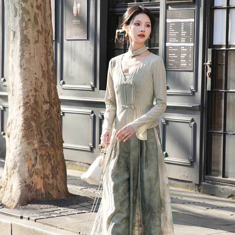 十三余[临春诗]新中式显瘦裤子针织开衫阔腿裤时尚