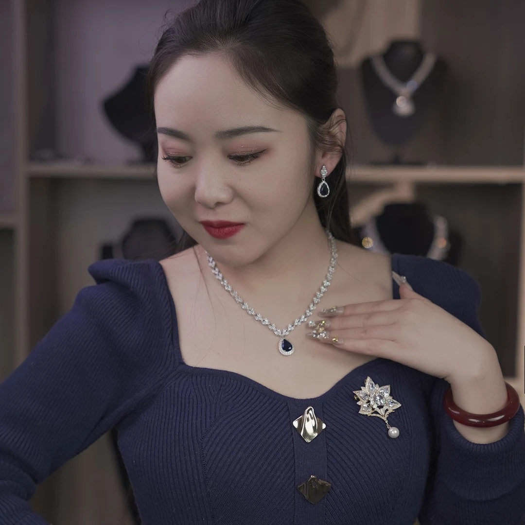 铜合金项链 【蓝锆套装莫桑】欧美风套链气质爆款新娘礼服配饰6022