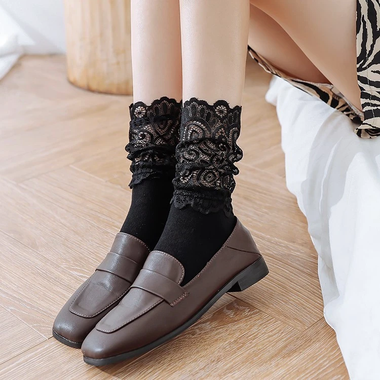 韩国时尚复古白色蕾丝花边袜子女日系网眼堆堆袜黑色镂空网红长袜