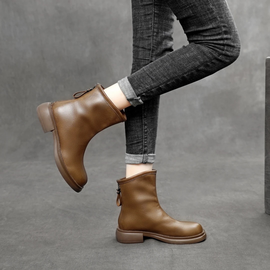 5英伦风靴子真皮复古马丁靴平底单靴牛皮秋冬牛皮圆头厚底粗跟