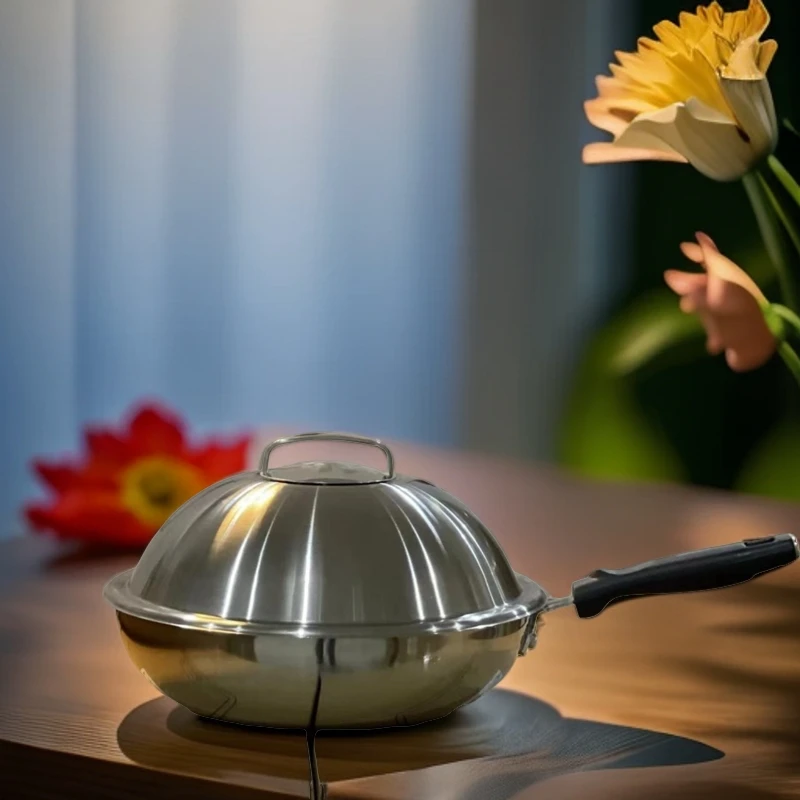 妈妈的味道不锈钢无涂层不沾炒锅防烫手柄三层钢中式烹饪炒菜锅