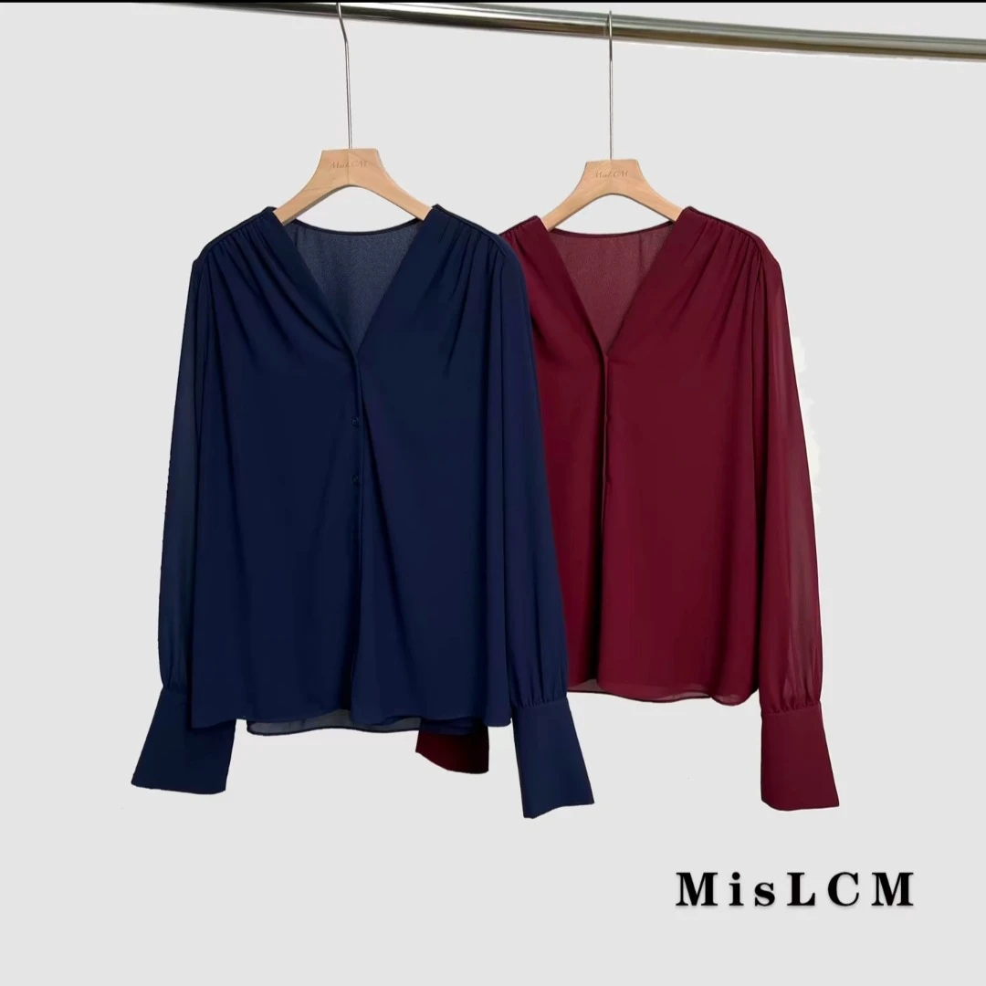 【2024私服】春夏高定新款V领午夜蓝长袖遮肉纸片人防晒衬衫-203368