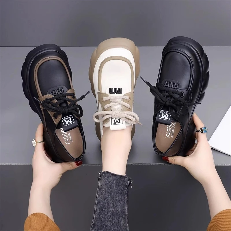 3【断码甩】百搭厚底小皮鞋女鞋新款松糕软底圆头系带增高乐福鞋单