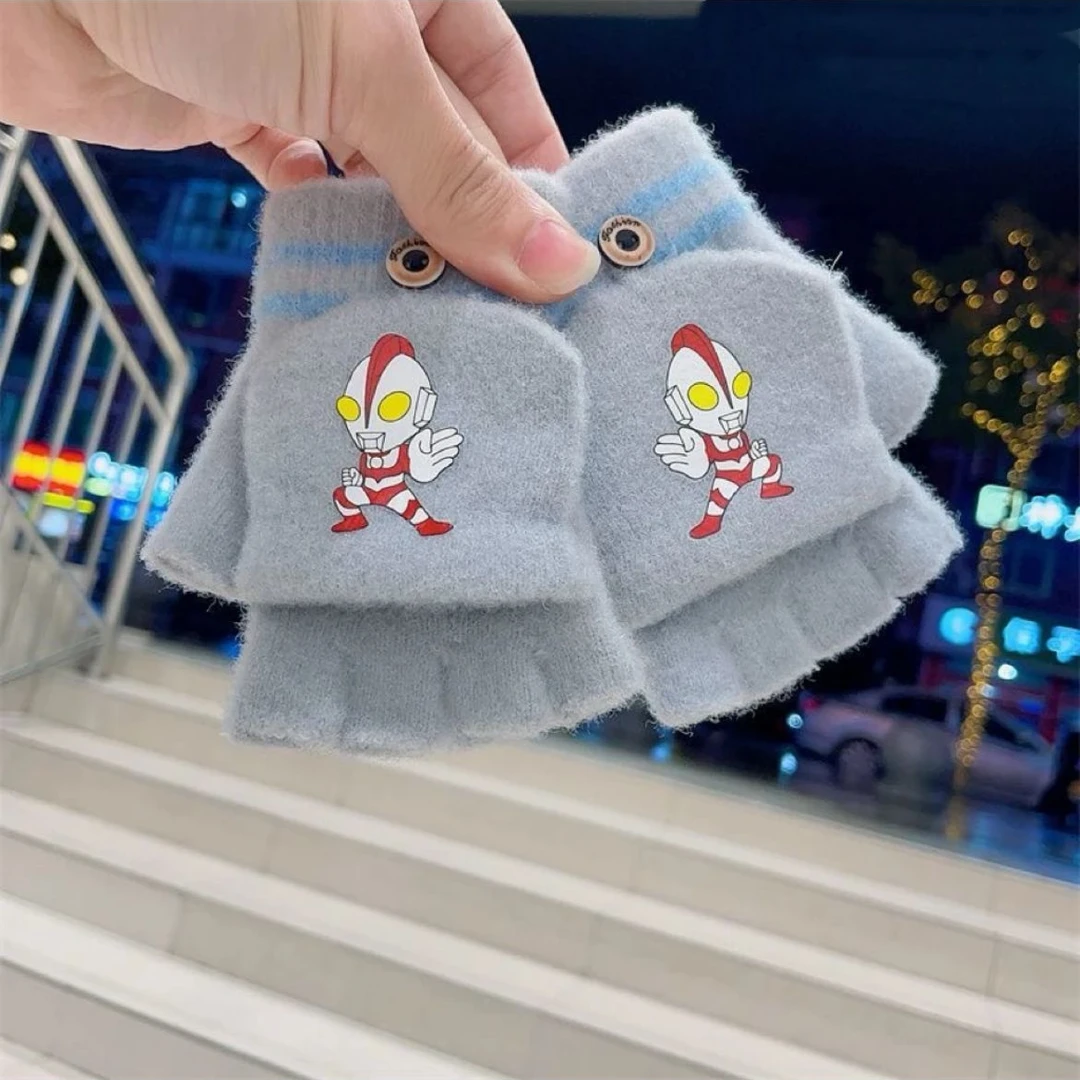 奥特曼儿童手套3-6岁半指翻盖两用冬季男女童幼儿园半截手套写字