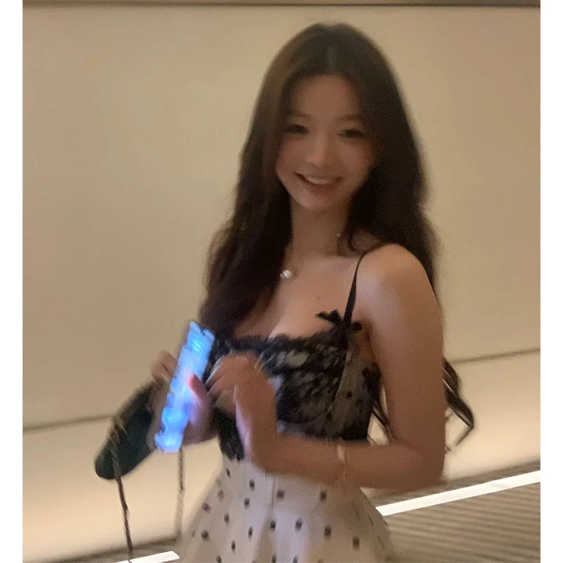 【小说女主】纯欲风蕾丝拼接鱼骨吊带撞色波点生日轻礼服短款连衣裙