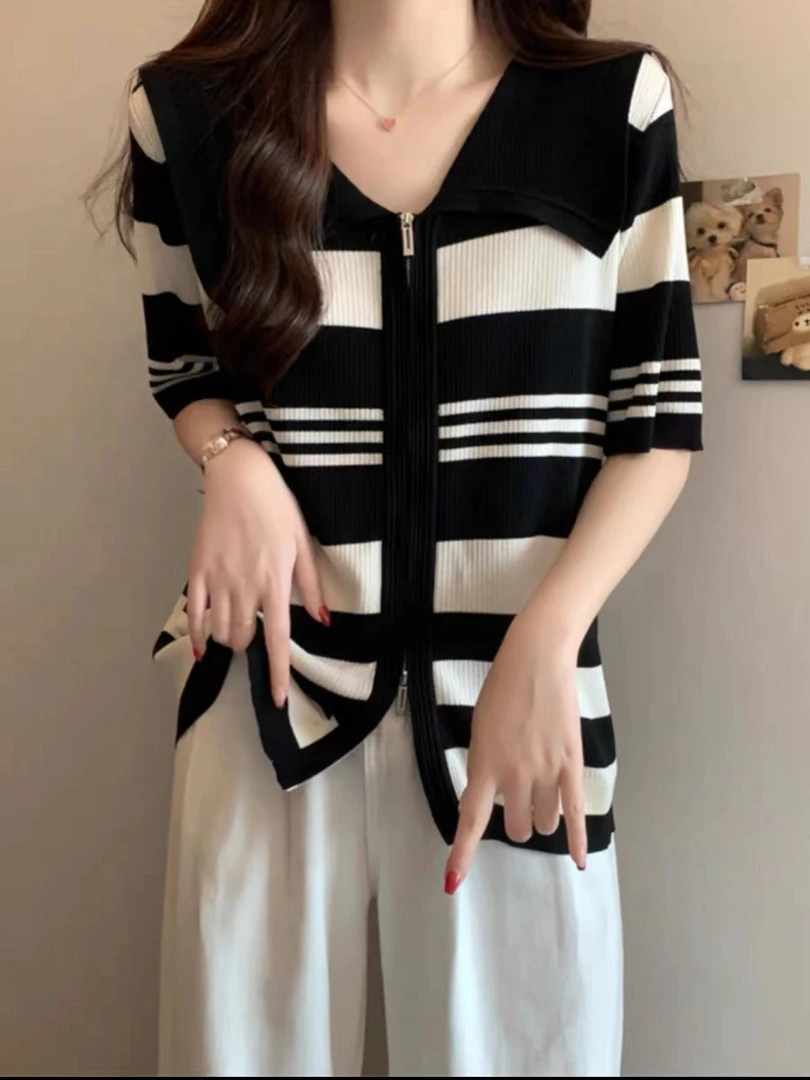 2024自制大码微胖女装凉感冰丝大翻领小衫夏季双开拉链针织开衫