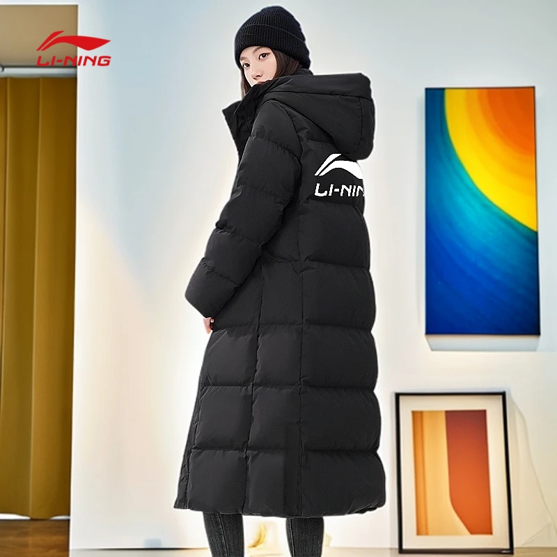 李宁长款羽绒服女冬季2025新款长款过膝宽松连帽鸭绒加厚防风外套
