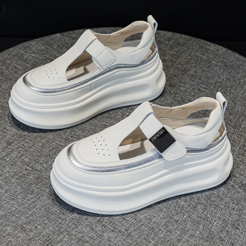 真皮包头凉鞋女2025夏季新款爆款厚底增高镂空洞洞运动小白鞋网红