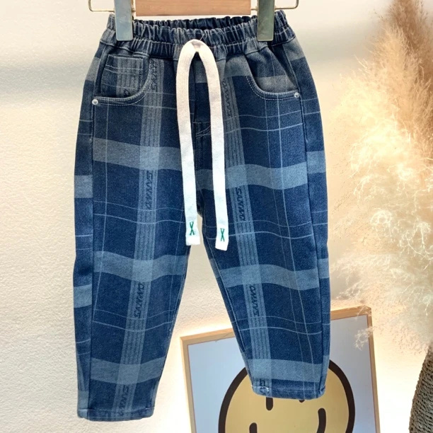 加绒格子牛仔裤冬季男童9153