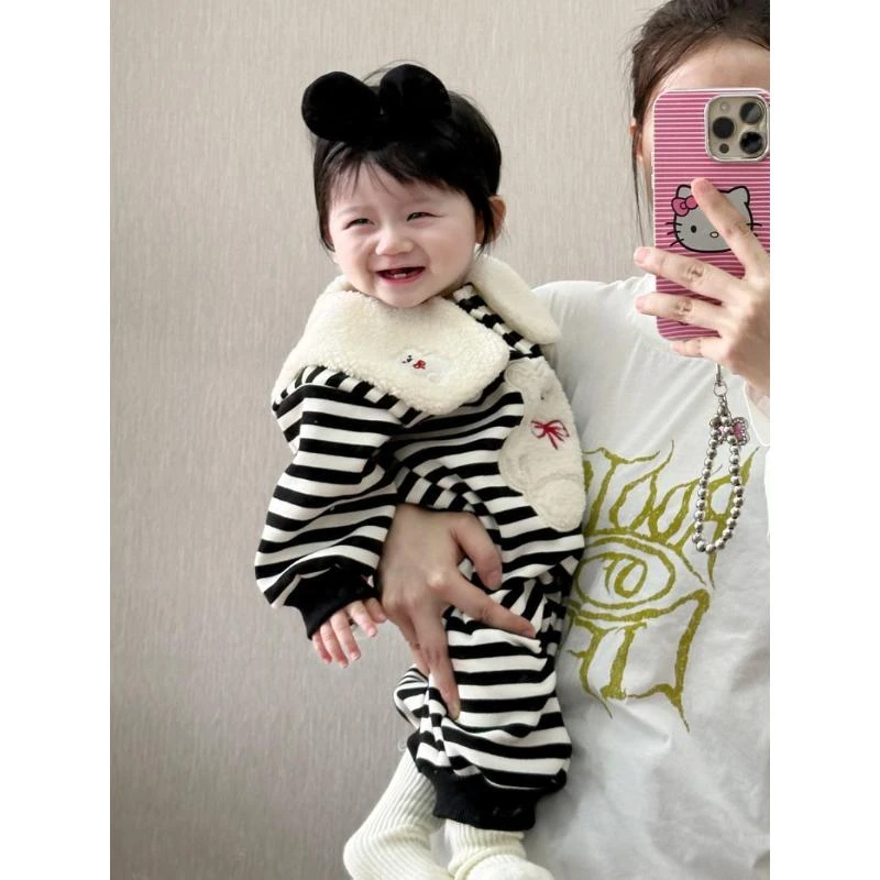 ins韩版秋冬装婴儿可爱毛领条纹小熊加绒连体衣男女宝宝保暖爬服