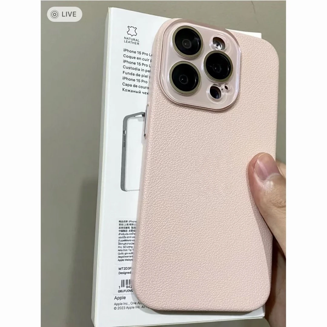 适用纯色荔枝仿皮纹苹果15ProMax新款13水晶镜头iPhone14手机壳12