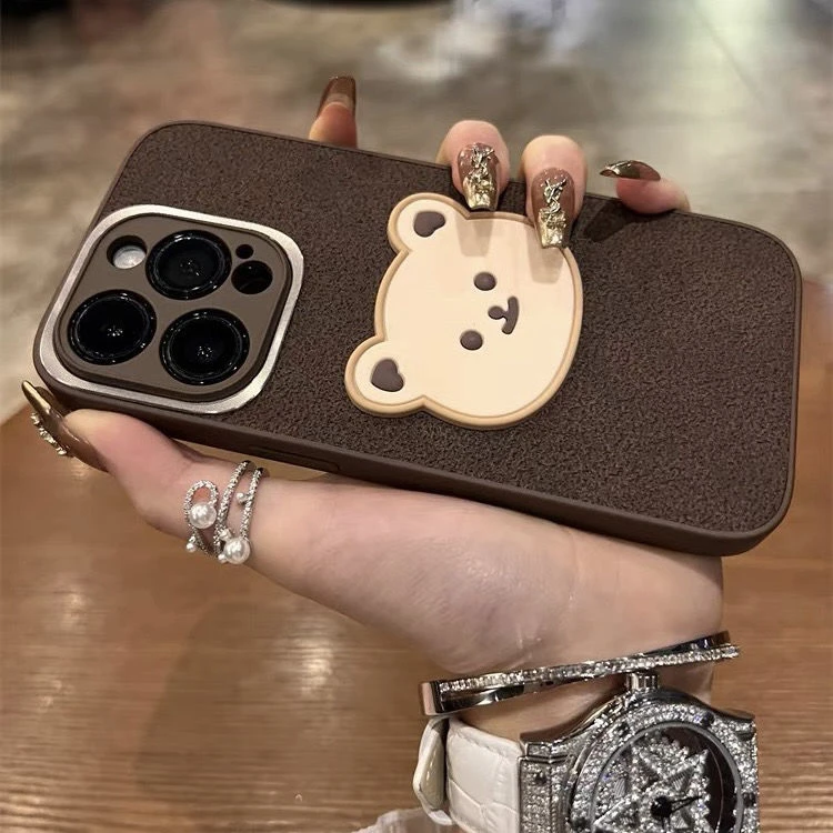 棕色月坑纹爱心熊iPhone15promax苹果13手机壳14高级11防摔12全包
