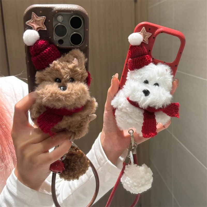 卡通圣诞帽围巾小狗适用iPhone16promax手机壳15新款14/13/12/11