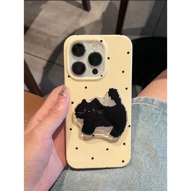 日韩ins奶黄波点黑猫支架适用13苹果15promax手机壳iPhone14/12软