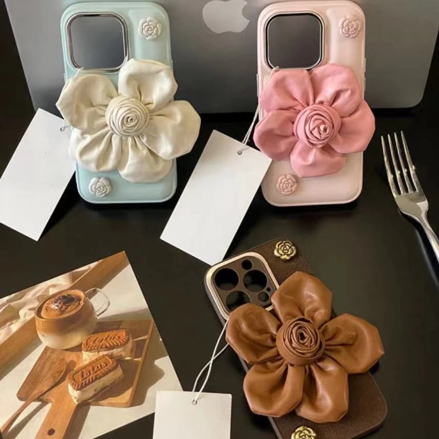 日韩纯色皮质立体花朵苹果14手机壳iPhone13ProMax/15p防摔12女11