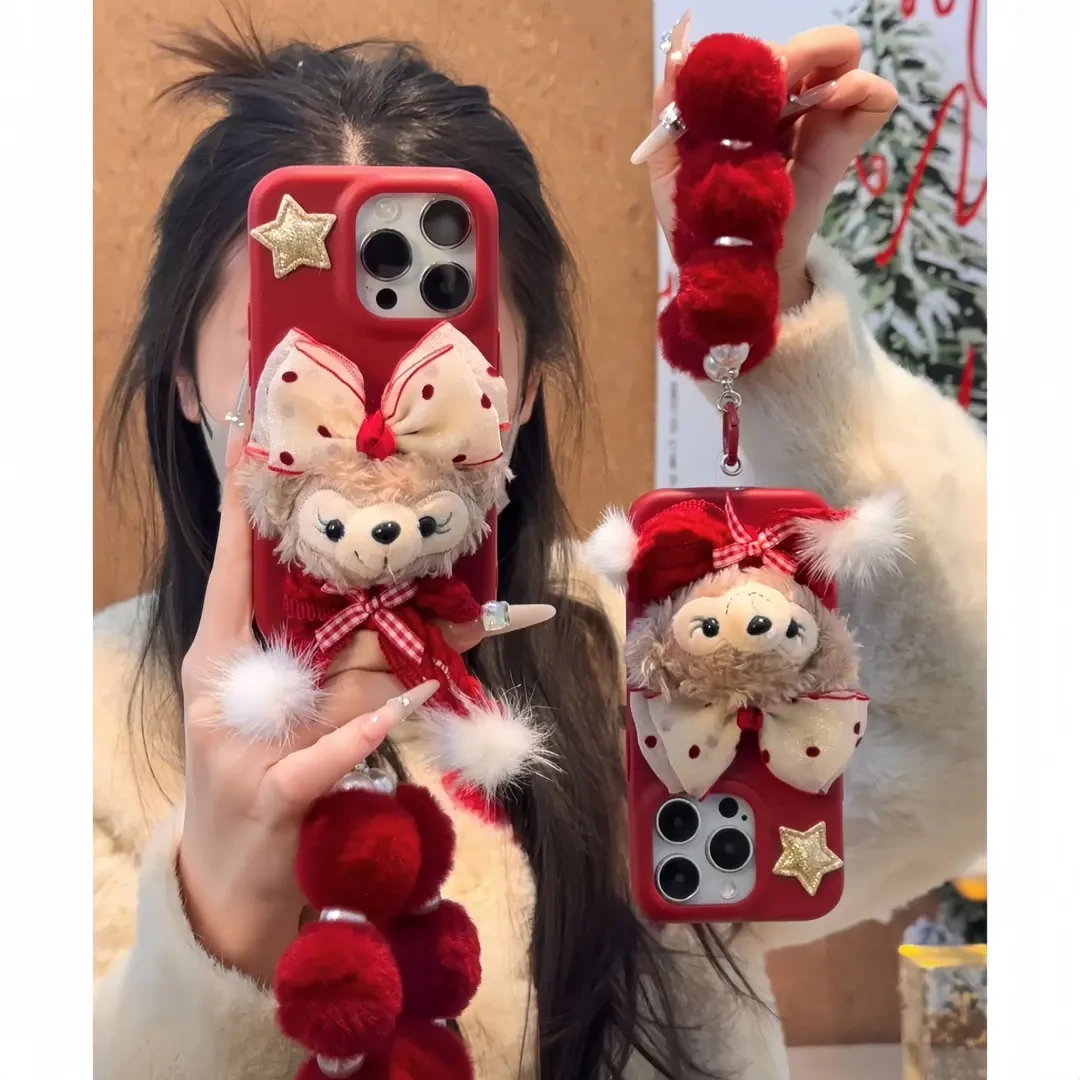 圣诞秋冬毛绒雪莉玫适用iPhone16promax苹果15/14手链13红色11套