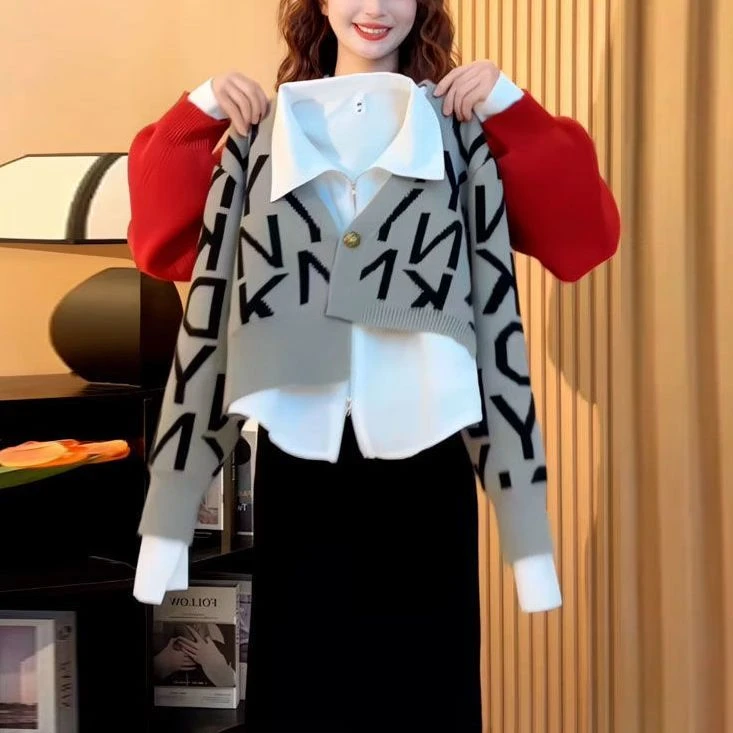 2024秋冬新款字母v领两件装衬衫女高端设计感遮肉显瘦上衣两件套