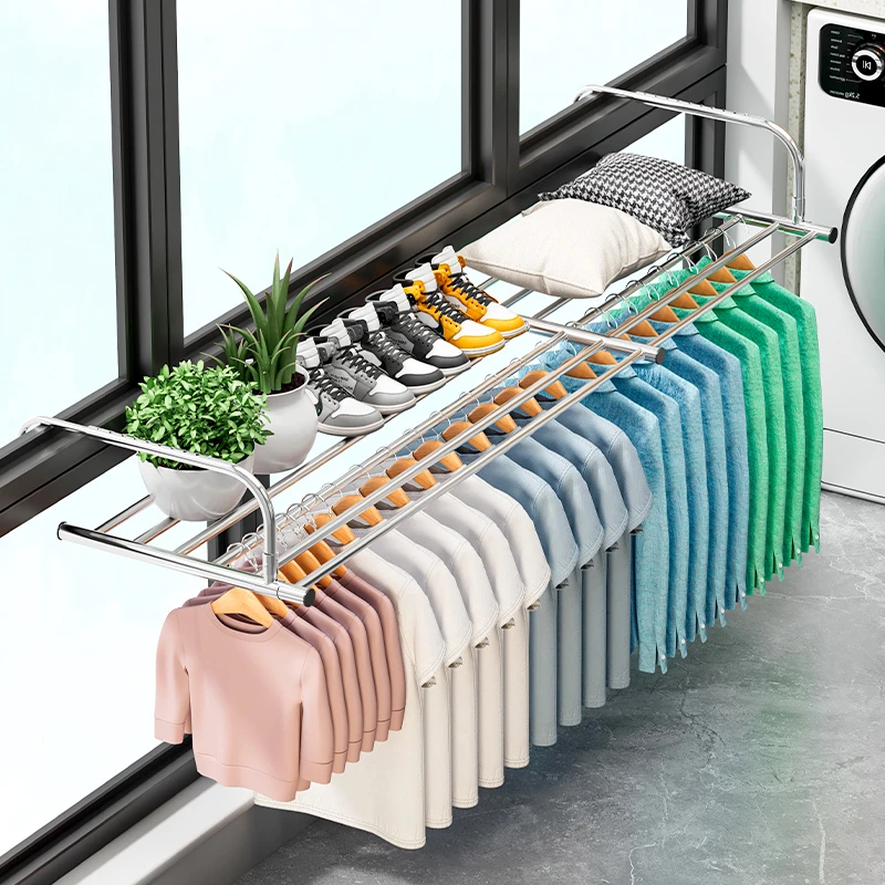 阳台晾衣架家用折叠晒鞋架子窗户晾衣神器晒枕头不锈钢伸缩晾晒架