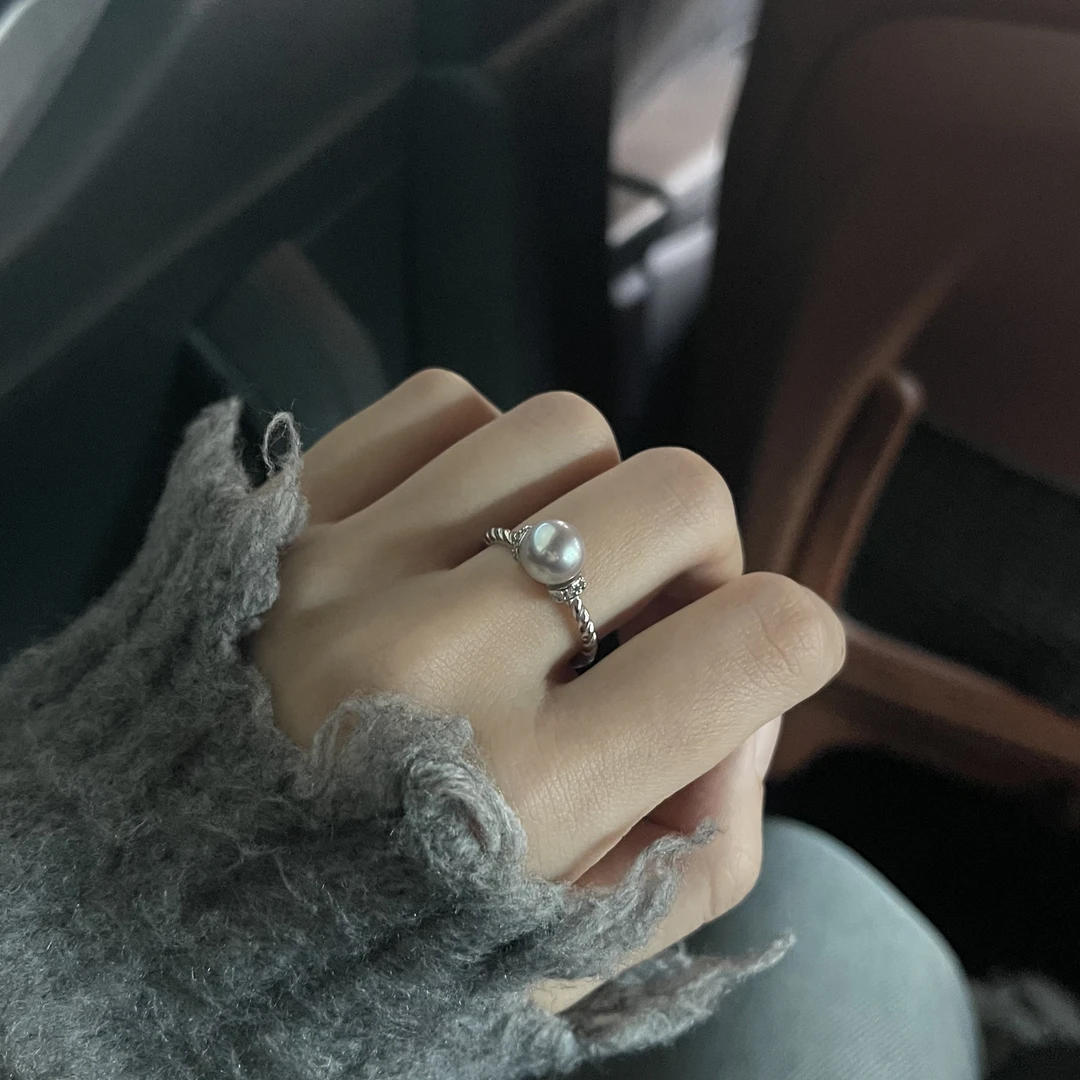 S925纯银珍珠戒指akoya真多麻色编织麻花戒指百搭设计感ins风