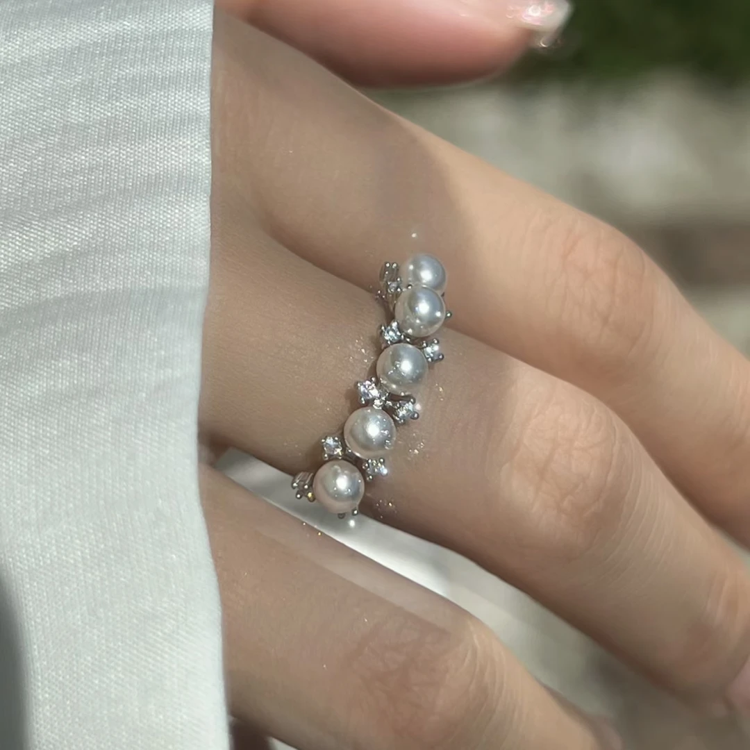倪妮同款 S925纯银正圆无暇强光淡水珍珠戒指排戒可调节多珠戒指