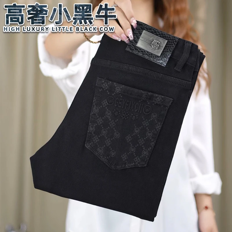 黑武士牛仔裤男士春季欧货轻奢时尚后袋印花纯黑修身小直筒裤弹力