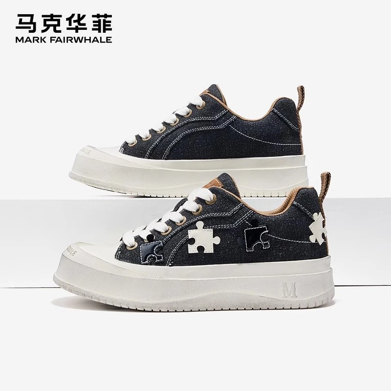 马克华菲厚底黑色帆布鞋男款2026新款秋季时尚学生休闲百搭板鞋男