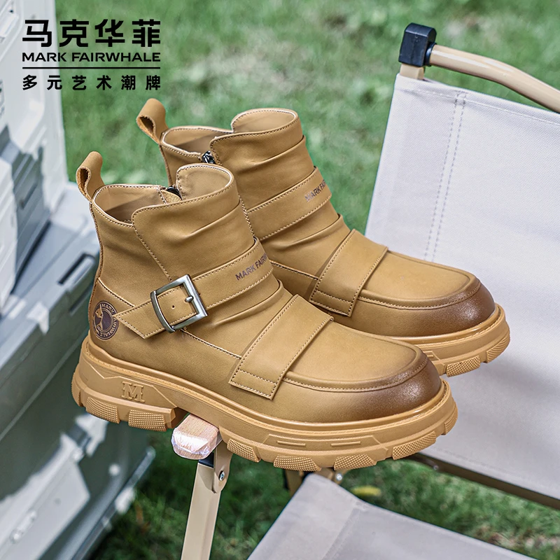 马克华菲高帮男鞋时尚厚底长筒高筒英伦长筒靴复古保暖皮靴牛仔