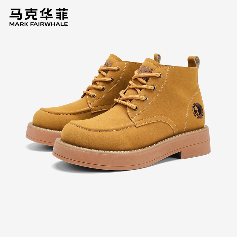 马克华菲米奇马丁靴大头厚底增高复古中帮工装靴男士真皮英伦黄靴
