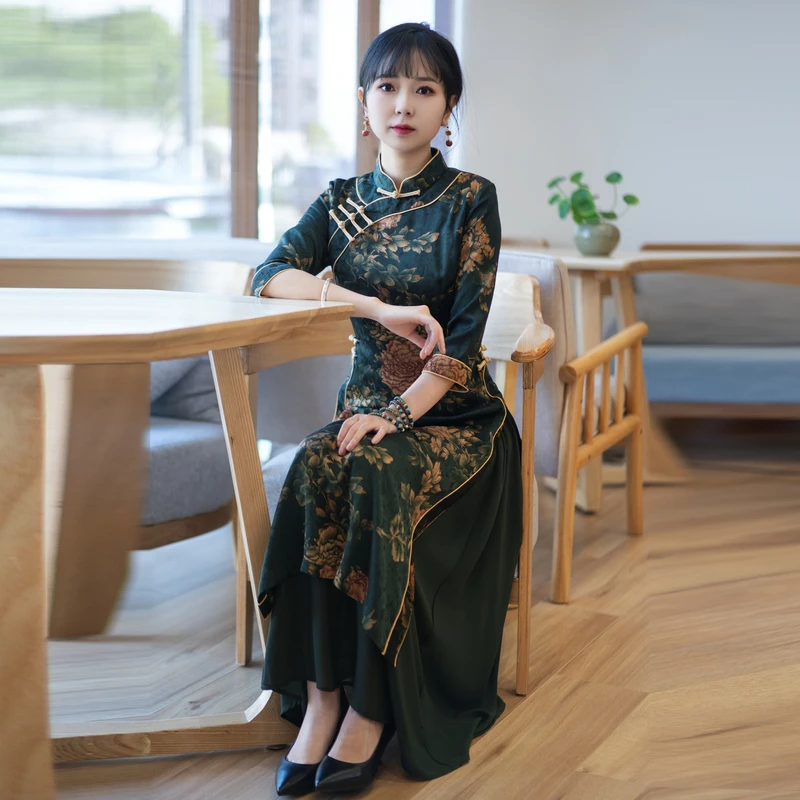 如意风改良旗袍新款气质连衣裙中年妈妈装出门素雅长裙 R900