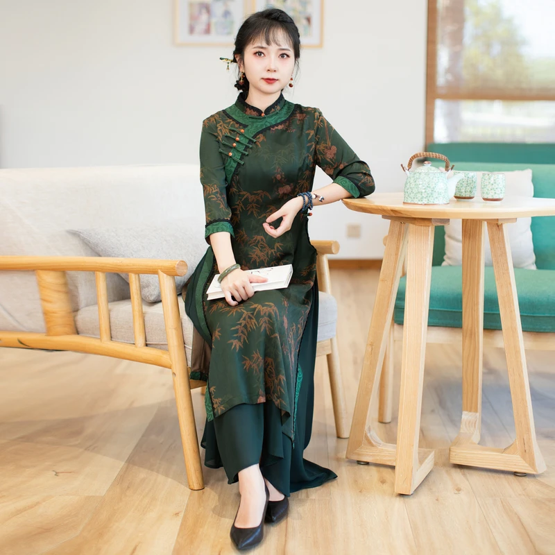 如意风中式奥黛日常改良旗袍春季新款中国风收腰气质连衣裙23R160