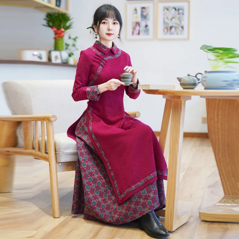 如意风奥黛旗袍中国风连衣裙女收腰长款民国复古气质日常裙23J284