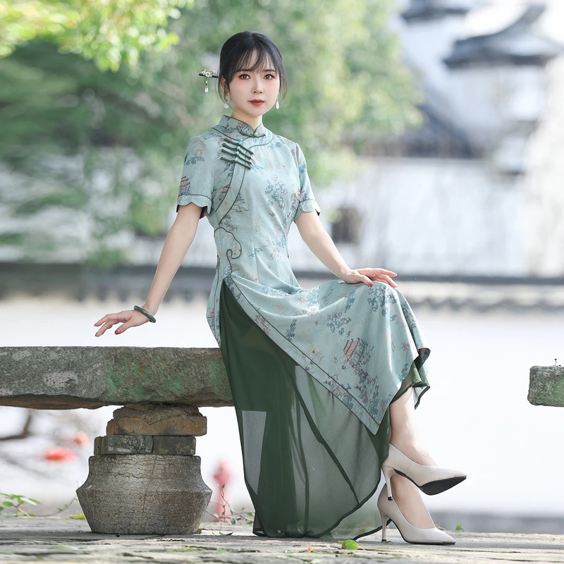 如意风奥黛显瘦中国风连衣裙收腰年轻民国复古气质日常裙子24R007