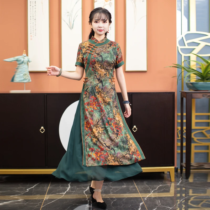 如意风夏季奥黛旗袍中国风连衣裙女显瘦款民国复古气质裙子22R106