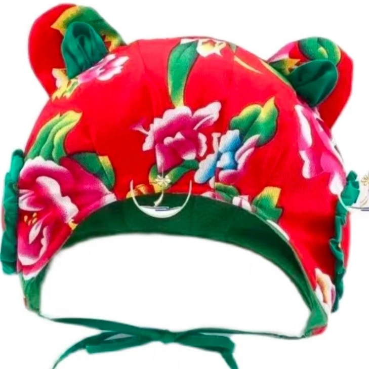 百天高顶婴幼儿中国风喜庆印花时尚帽子婴儿套头帽夏季民族风儿童