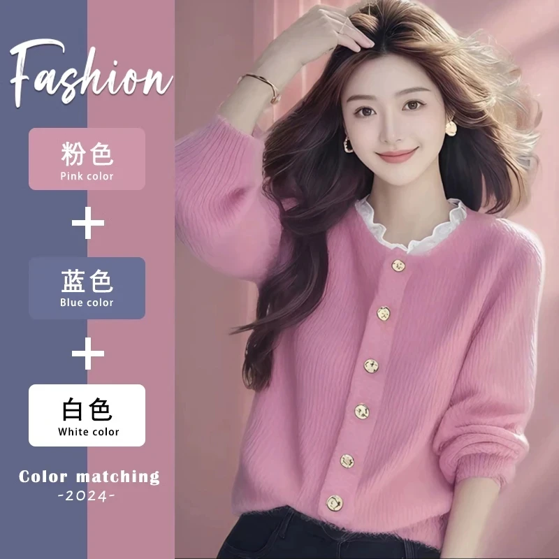 2025年春季韩系穿搭设计感针织衫长袖上衣高级感小香风粉色毛衣女