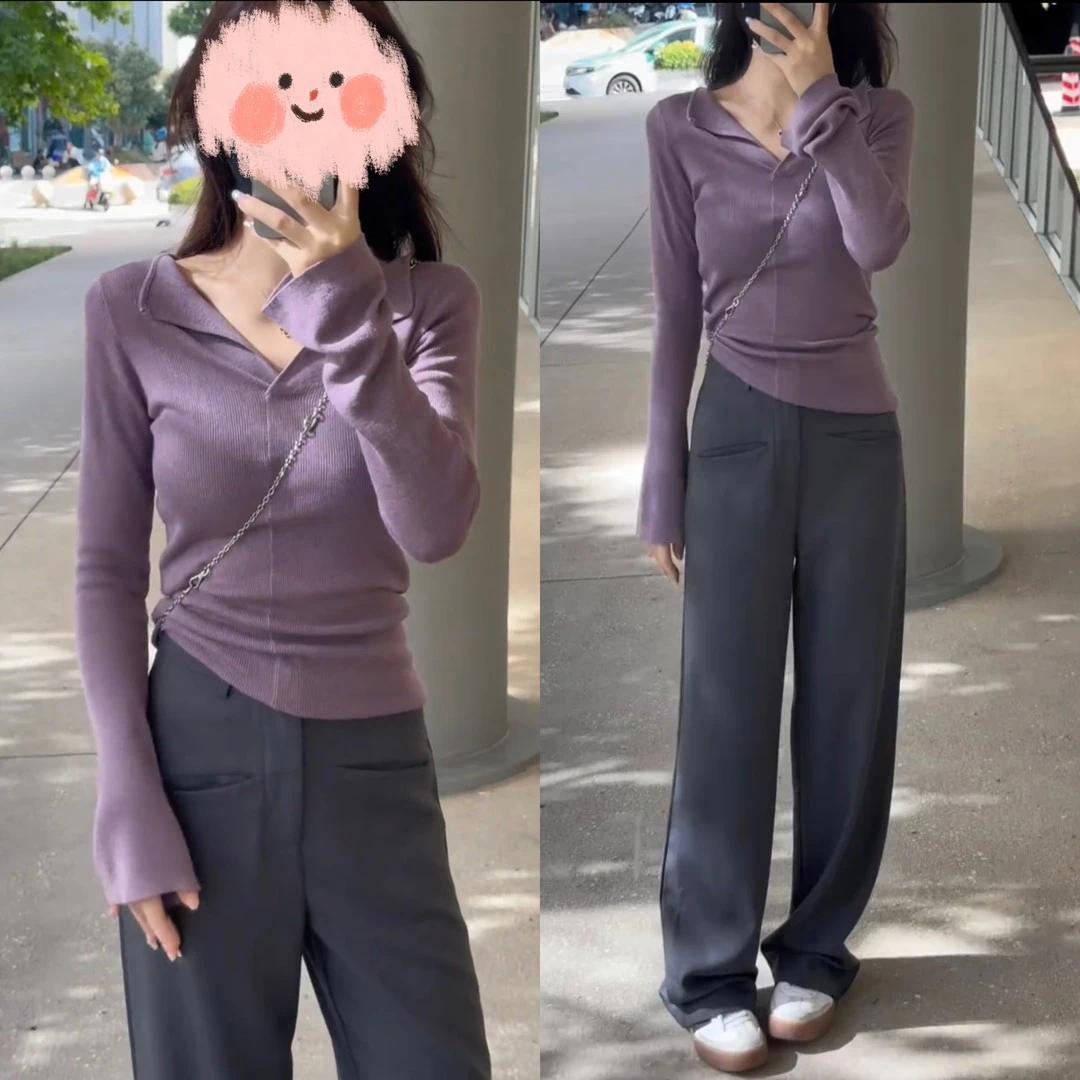 早秋新款时尚洋气V领修身显瘦长袖针织衫直筒垂感西装裤两件套