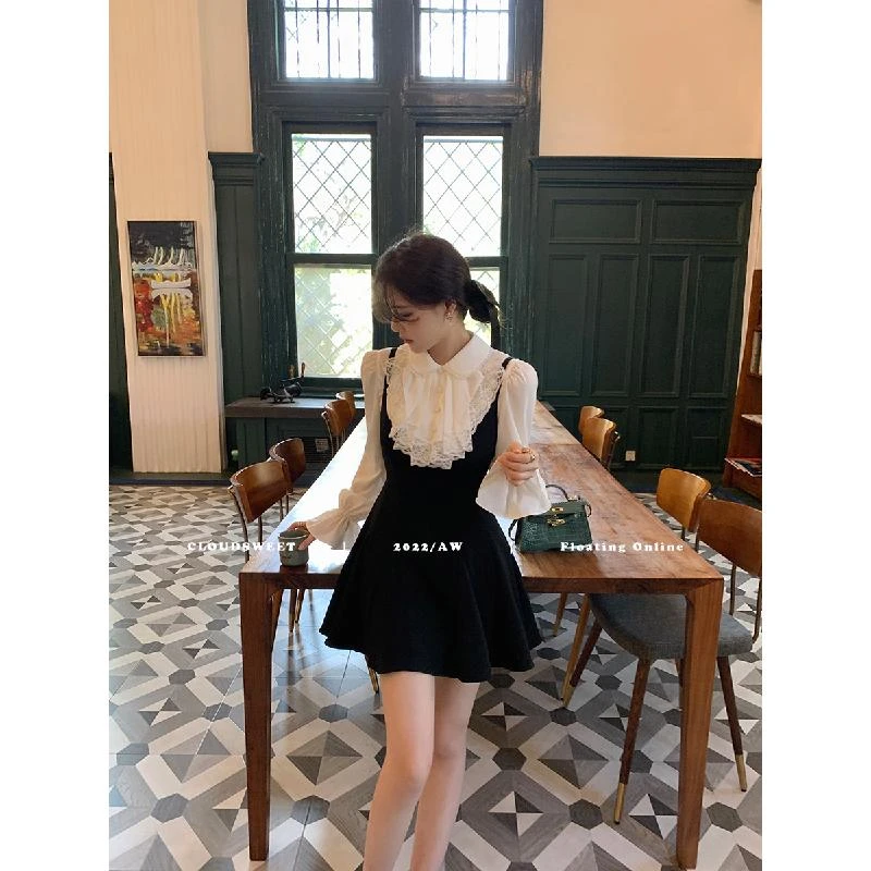 (G)CloudSweet 又见乖乖牌!甜美蕾丝衬衫无领吊带裙三件套女秋