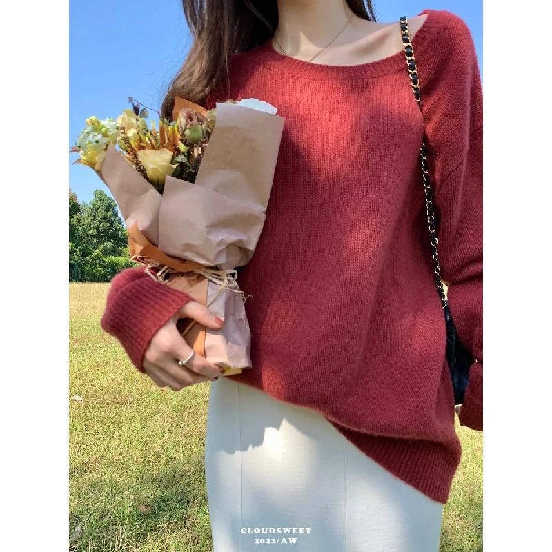 CLOUDSWEET/白云甜纯羊绒毛衣女春季简约慵懒圆领针织外套