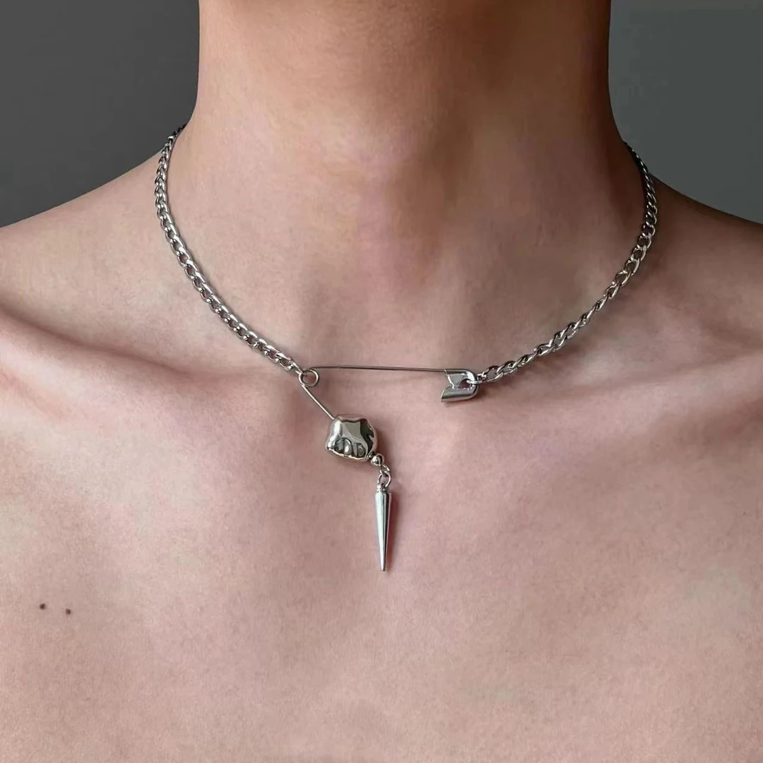 合金项链 欧美简约设计异形银色别针项链男女时尚嘻哈复古饰品