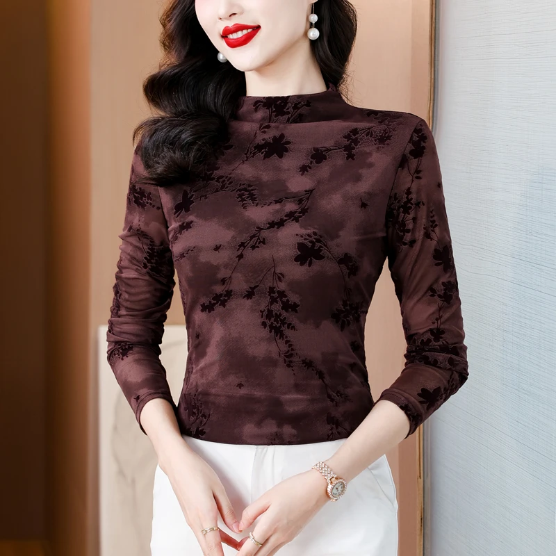 中年妈妈秋装半高丝绒烧花网纱长袖t恤女春秋气质内搭打底衫上衣
