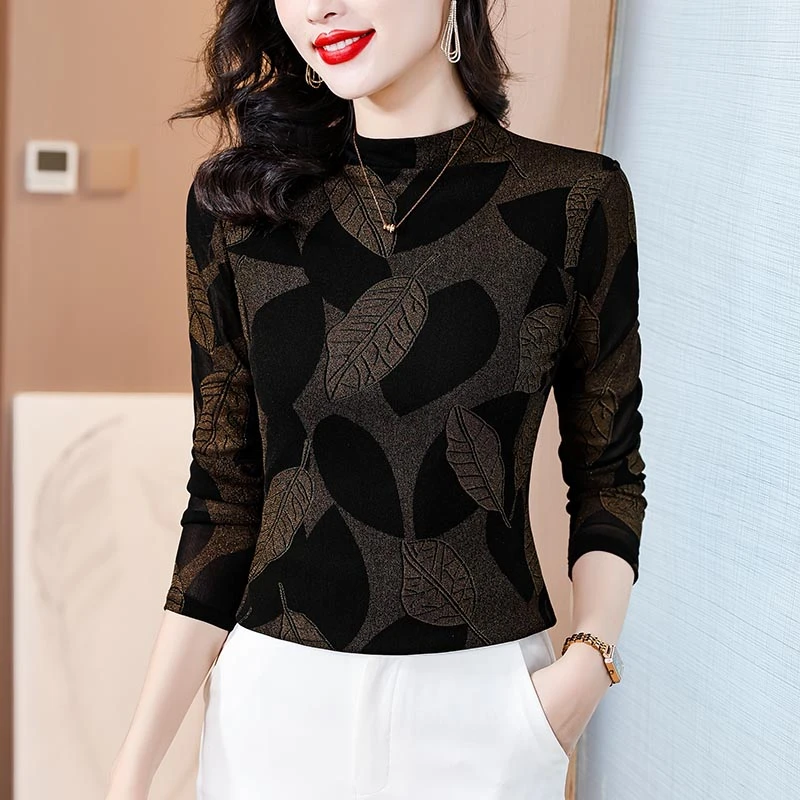 中年妈妈半高领树叶印花网纱长袖打底衫女士气质内搭小衫洋气上衣