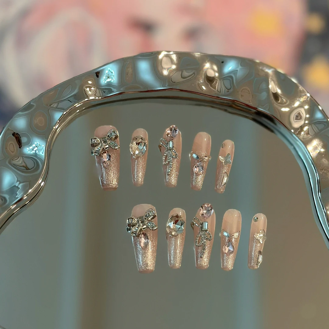 『桃乐丝』手工穿戴甲长梯猫眼粉色渐变美甲显白春季夏日气质钻女神