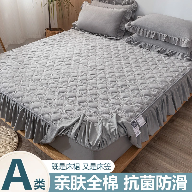 高档纯棉床笠带床裙100%全棉床罩家用防滑床单保护套四季通用花边