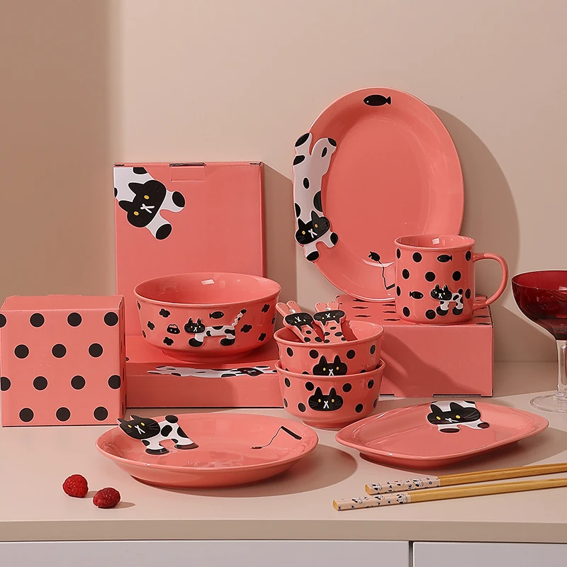 韩系餐具套装特别好看的饭碗马克杯可爱陶瓷汤碗家用菜盘子椭圆盘