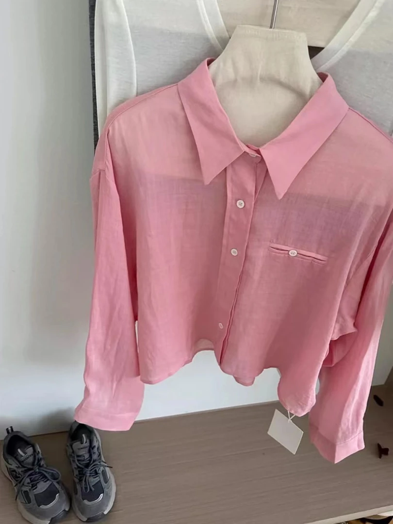 淡粉色短款苎麻衬衫显瘦衬衣长袖针织时尚休闲夏季设计感