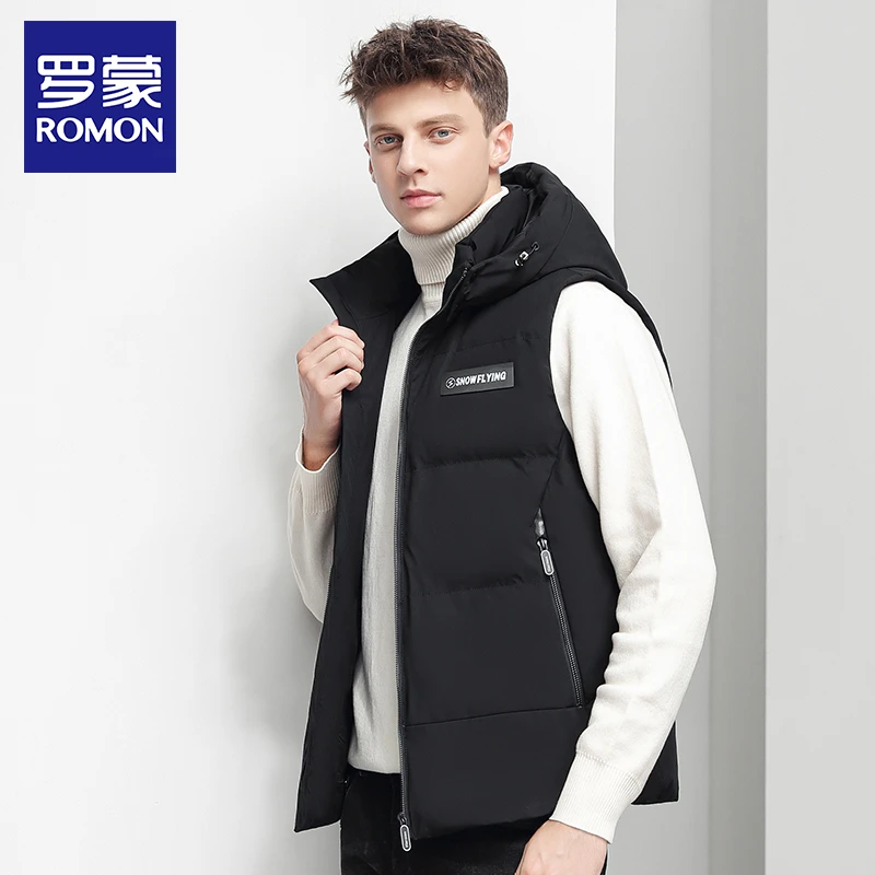 罗蒙冬季新款男士羽绒保暖马甲运动马甲时尚休闲连帽羽绒马甲加厚