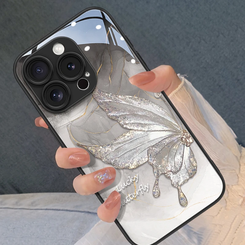 适用于苹果16ProMax新款iPhone14玻璃xs高级感13蝴蝶12水墨15防摔