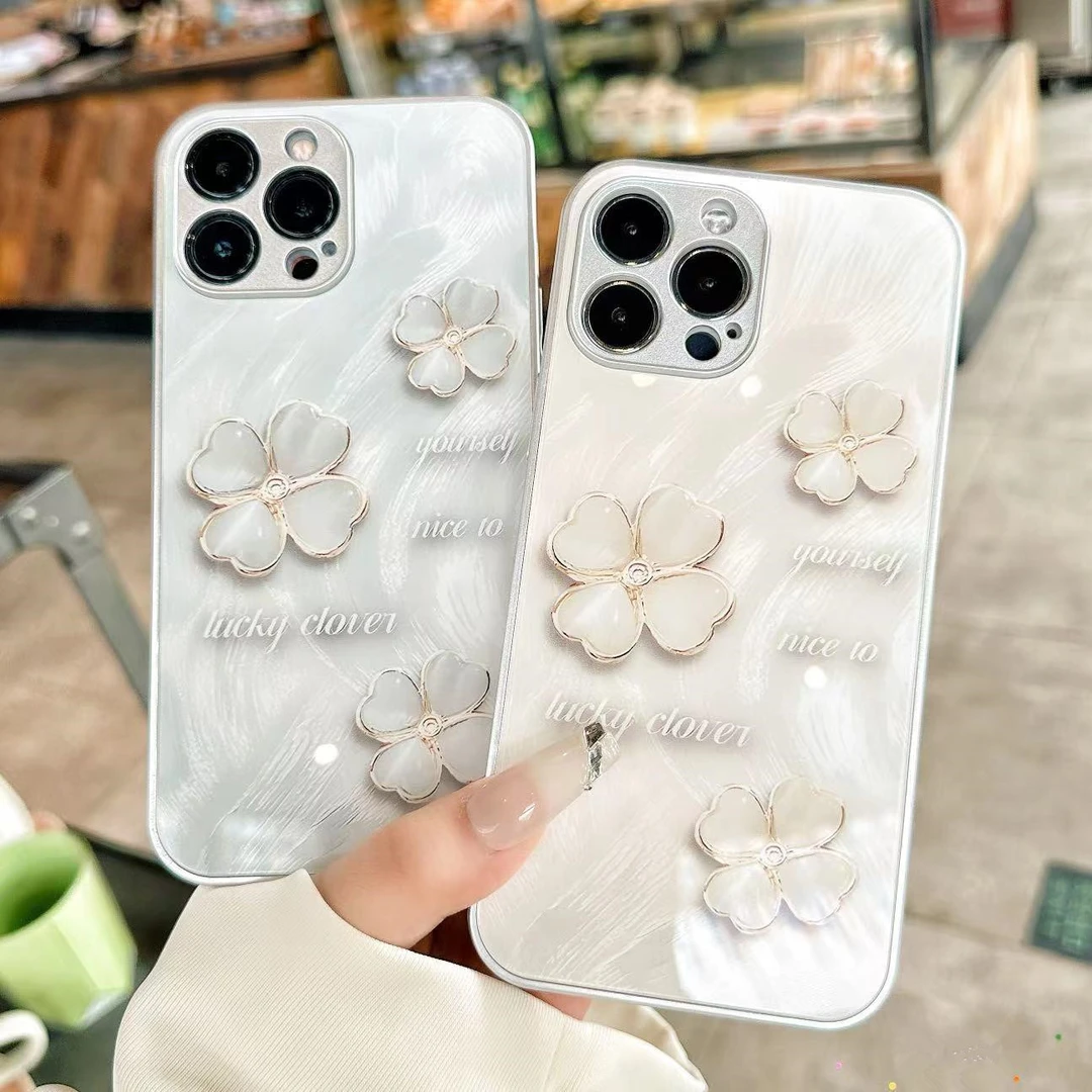 苹果/华为/荣耀/OPPO/VIVO 时尚流光四叶草金属漆钢化玻璃手机壳