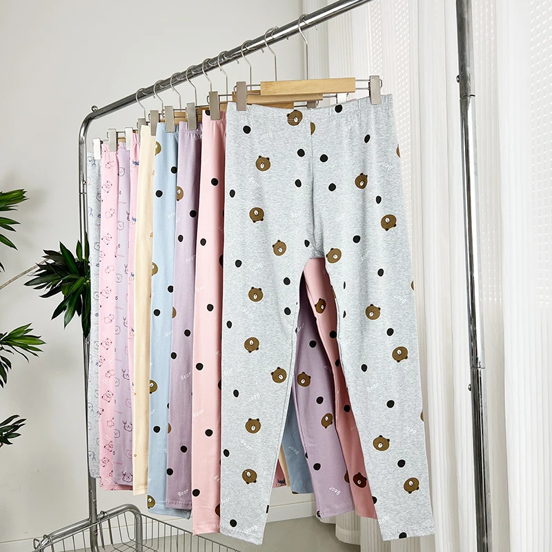 莱卡棉印花高腰打底裤女秋冬保暖薄款纯色秋裤ins可爱全棉家居裤