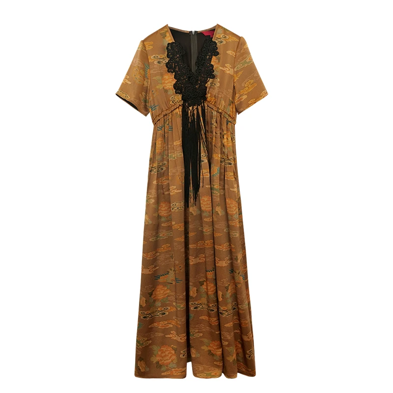 娑尔100桑蚕丝重缎黄底编织蕾丝流苏连衣裙SG1LY01080